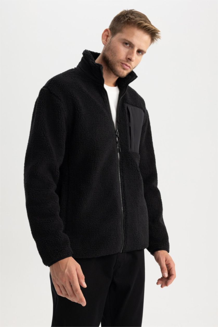 Man Black Relax Fit Stand Collar Fleece Jacket