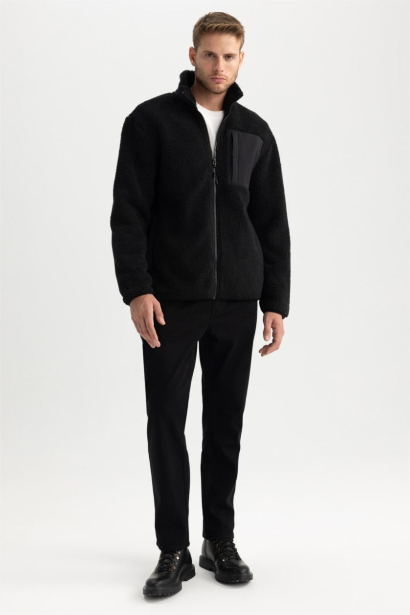 Man Black Relax Fit Stand Collar Fleece Jacket