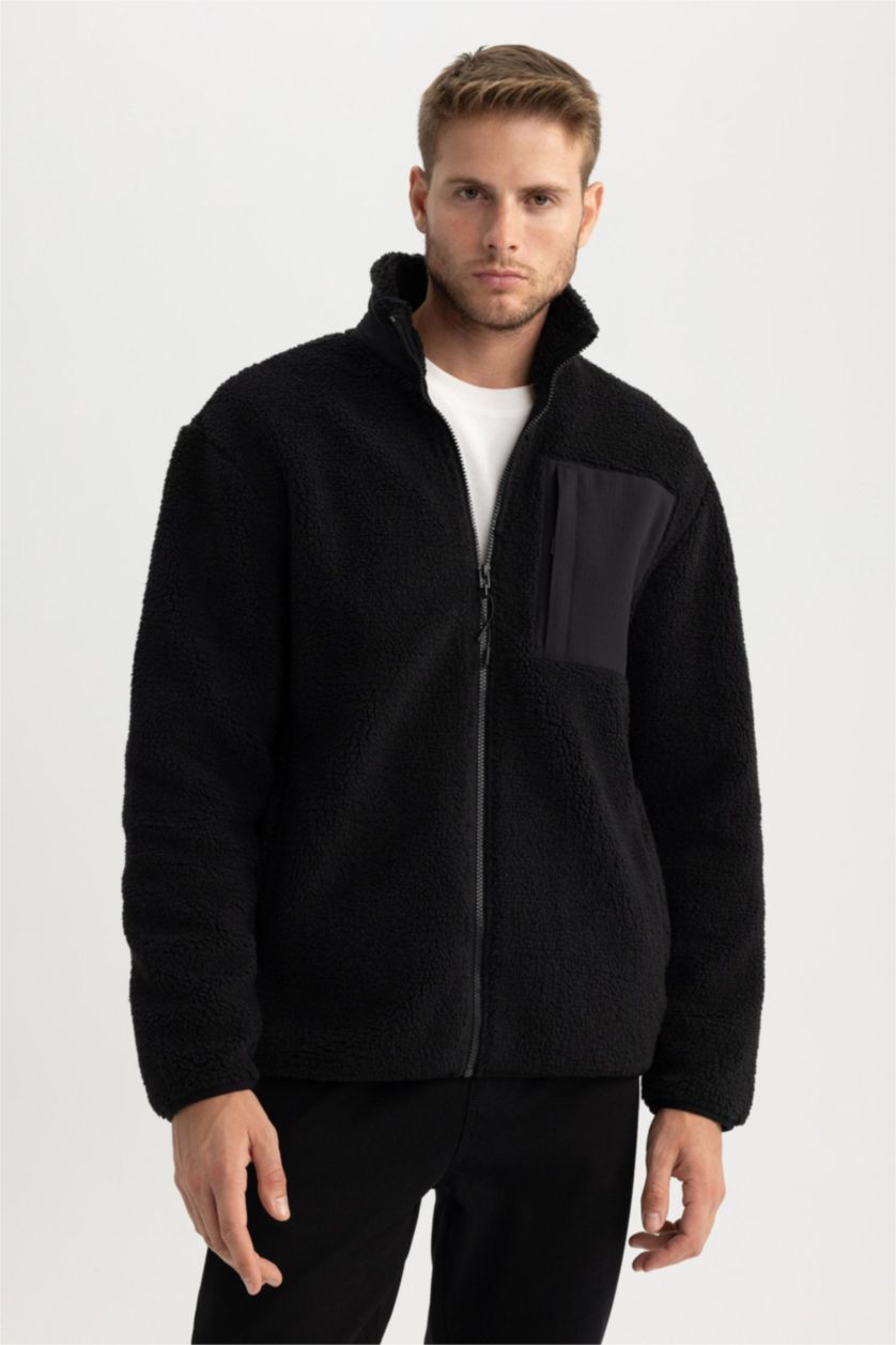 Man Black Relax Fit Stand Collar Fleece Jacket