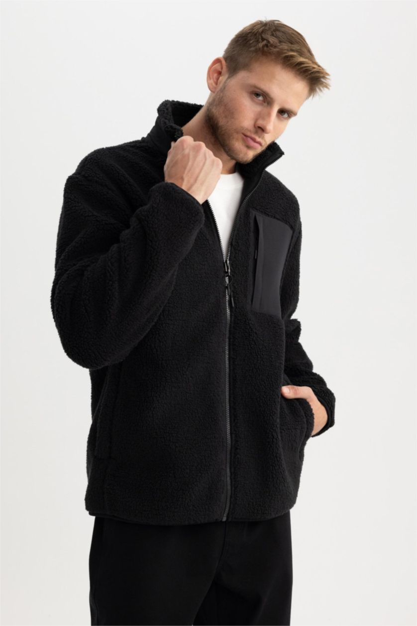 Man Black Relax Fit Stand Collar Fleece Jacket