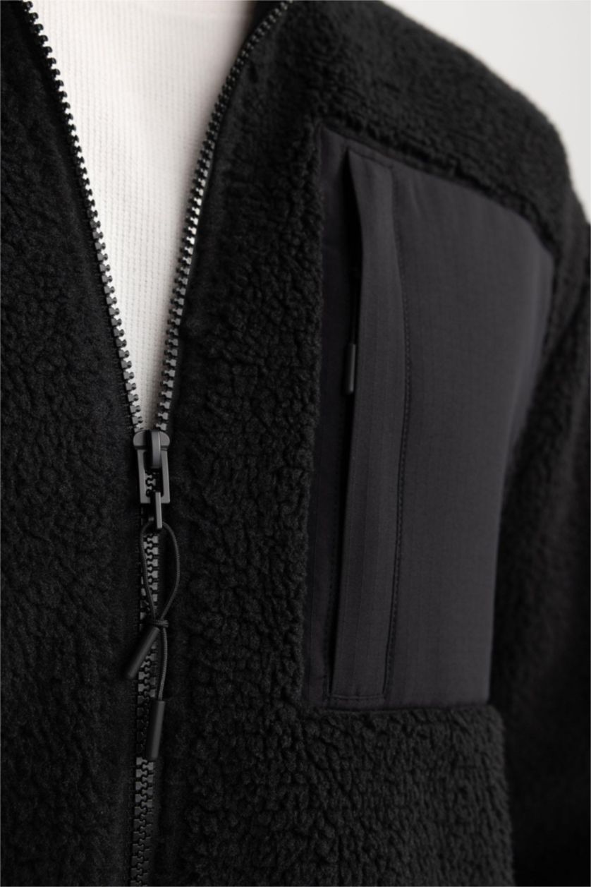 Man Black Relax Fit Stand Collar Fleece Jacket