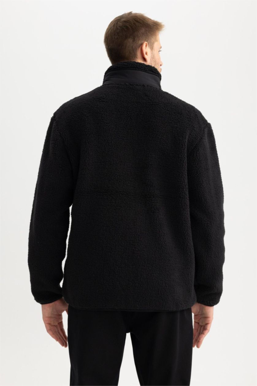 Man Black Relax Fit Stand Collar Fleece Jacket