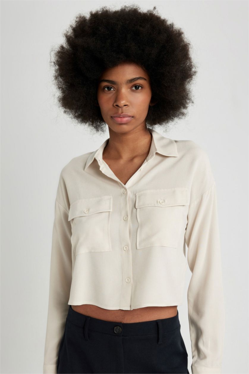 WOMAN Beige Regular Fit Long Sleeve Crop Shirt