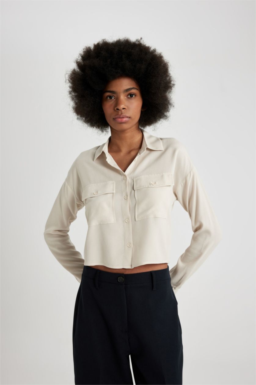 WOMAN Beige Regular Fit Long Sleeve Crop Shirt