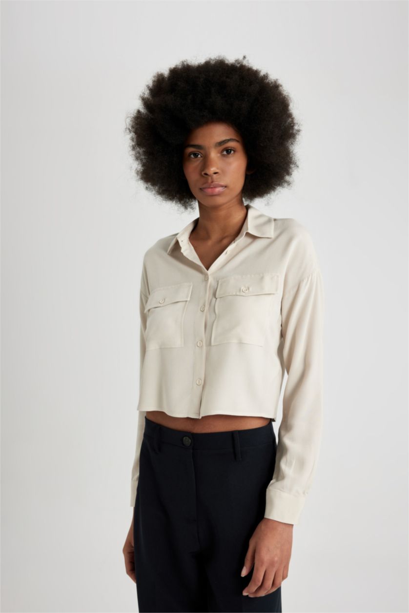 WOMAN Beige Regular Fit Long Sleeve Crop Shirt