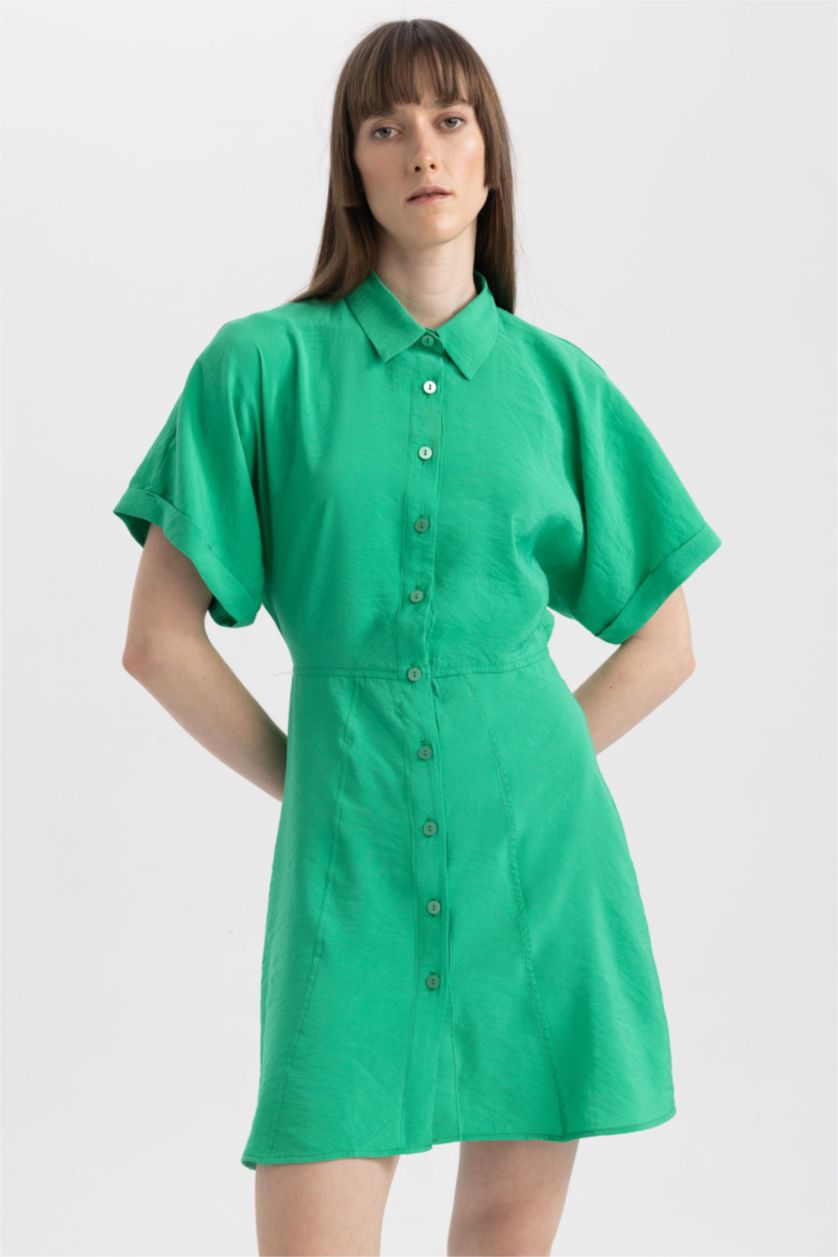FEMME Vert Robe Tissée À Manches Courtes Col De Chemise