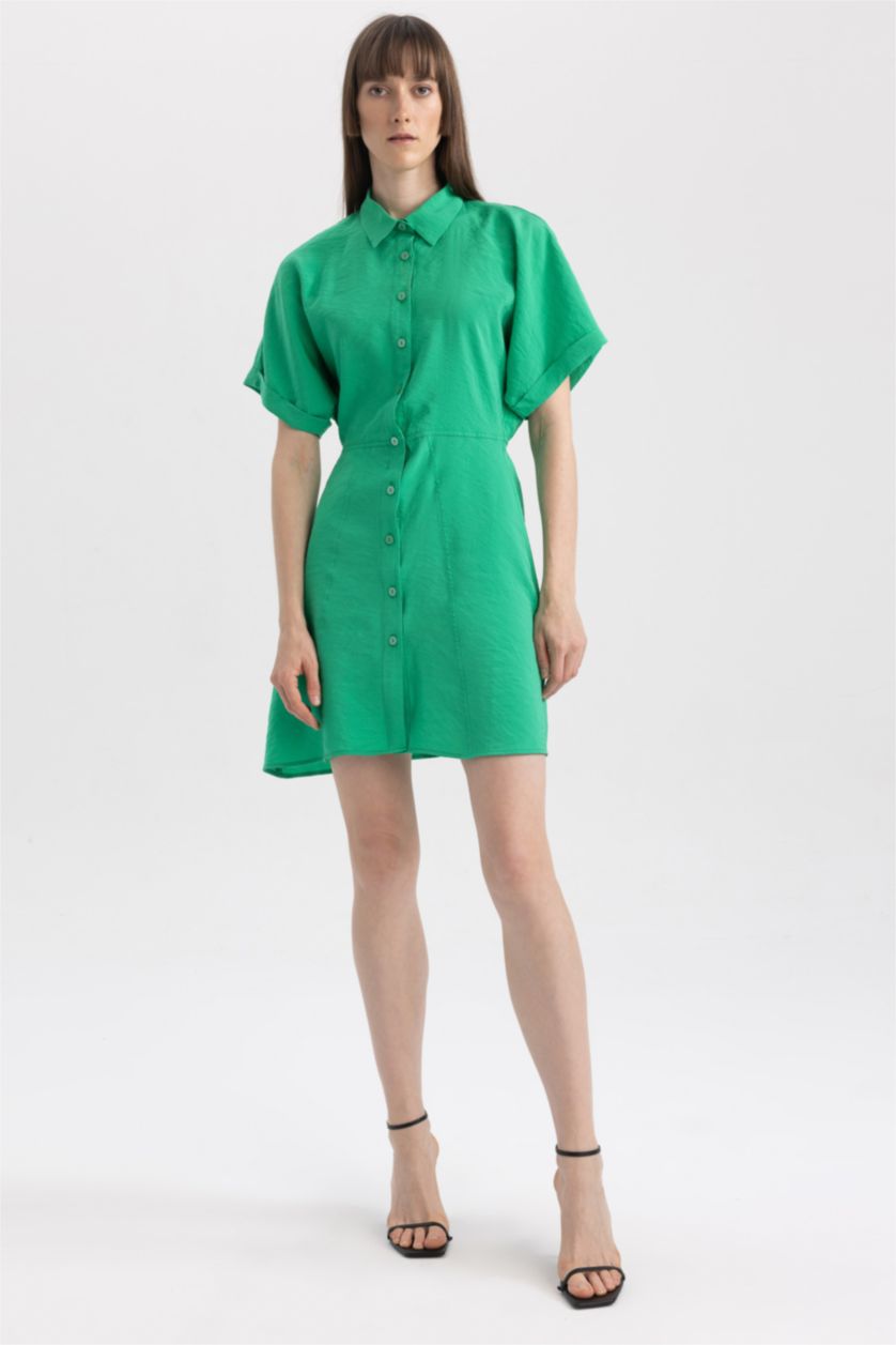 FEMME Vert Robe Tissée À Manches Courtes Col De Chemise