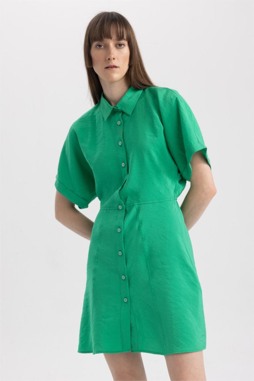 FEMME Vert Robe Tissée À Manches Courtes Col De Chemise