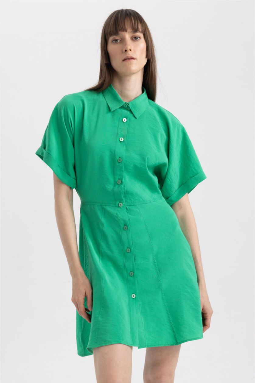FEMME Vert Robe Tissée À Manches Courtes Col De Chemise