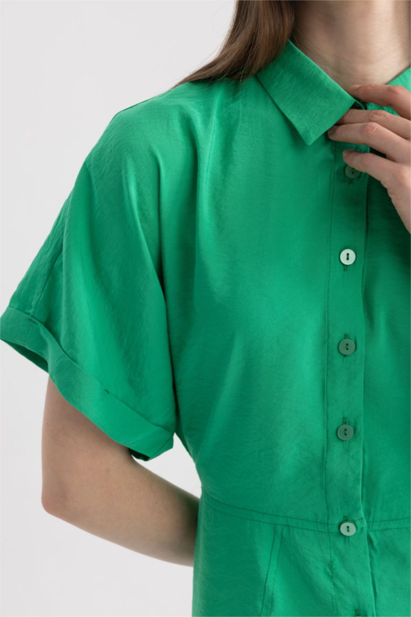 FEMME Vert Robe Tissée À Manches Courtes Col De Chemise