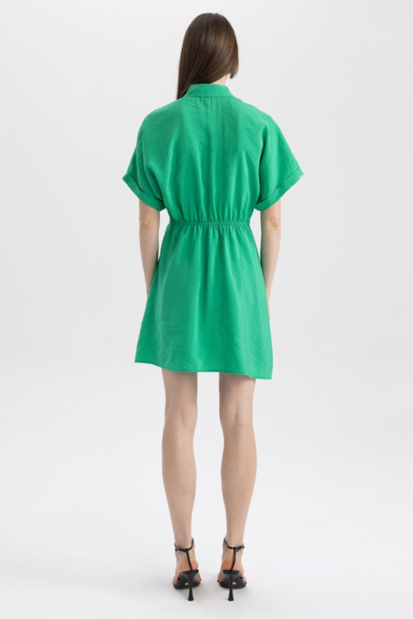 FEMME Vert Robe Tissée À Manches Courtes Col De Chemise