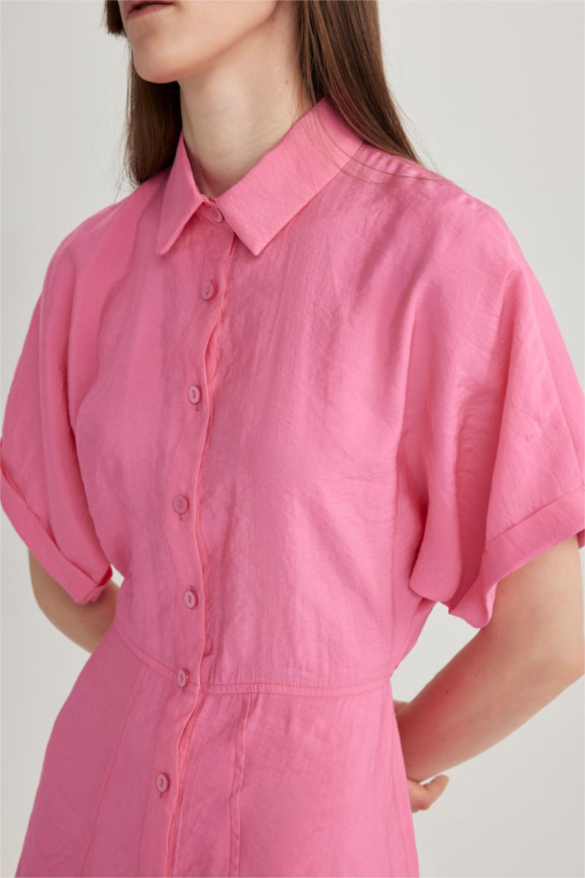 FEMME Rose Robe Tissée À Manches Courtes Col De Chemise