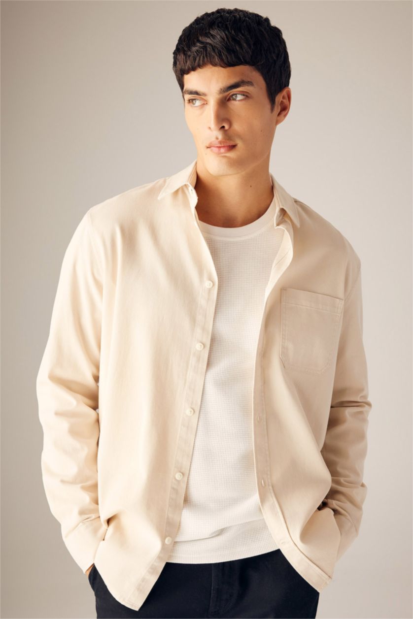 HOMME Beige Chemise Coupe Régulière Col Polo à  Manches Longues