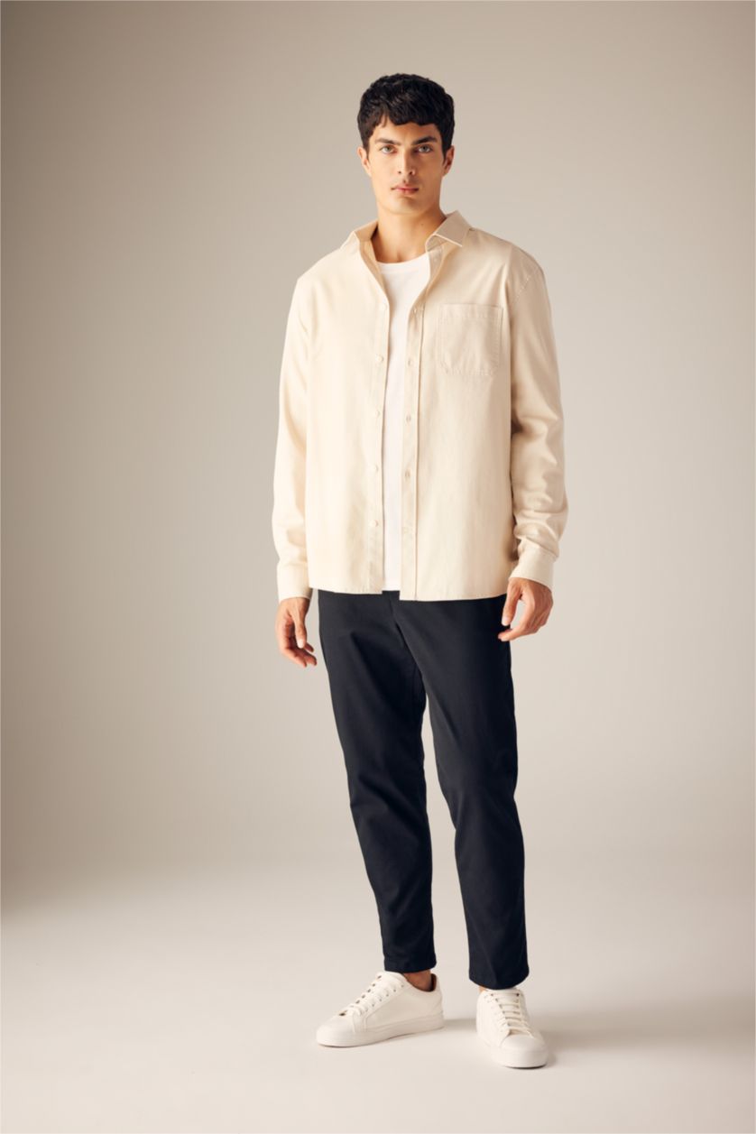 HOMME Beige Chemise Coupe Régulière Col Polo à  Manches Longues