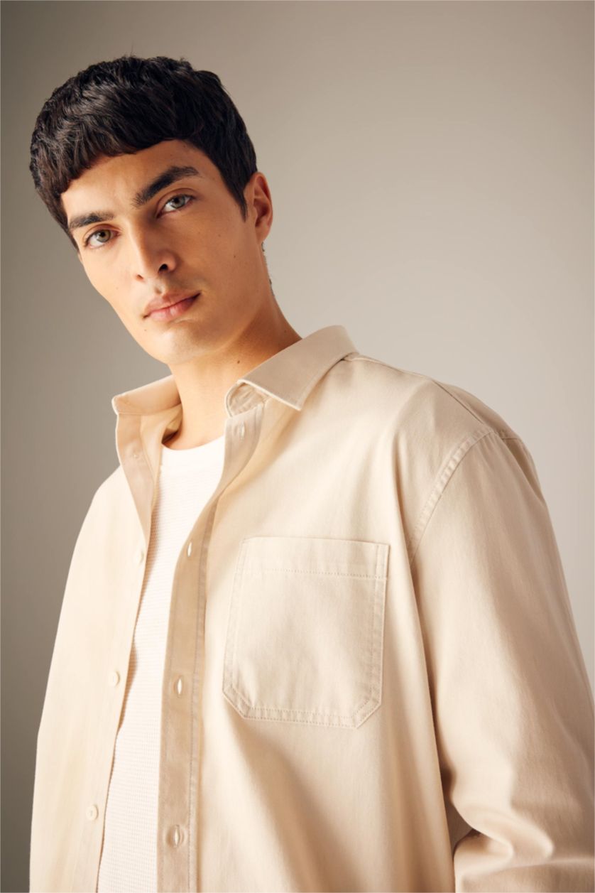 HOMME Beige Chemise Coupe Régulière Col Polo à  Manches Longues