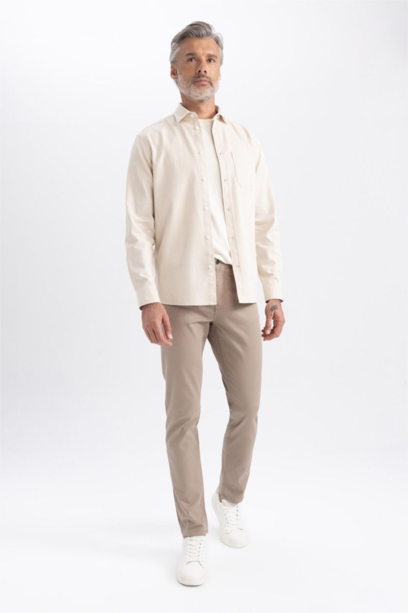 HOMME Beige Chemise Coupe Régulière Col Polo à  Manches Longues