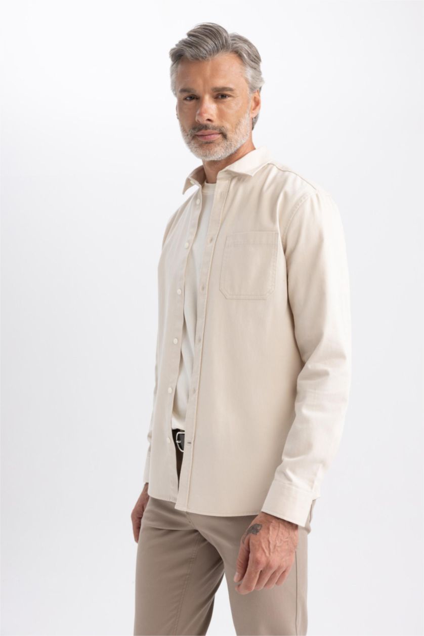 HOMME Beige Chemise Coupe Régulière Col Polo à  Manches Longues