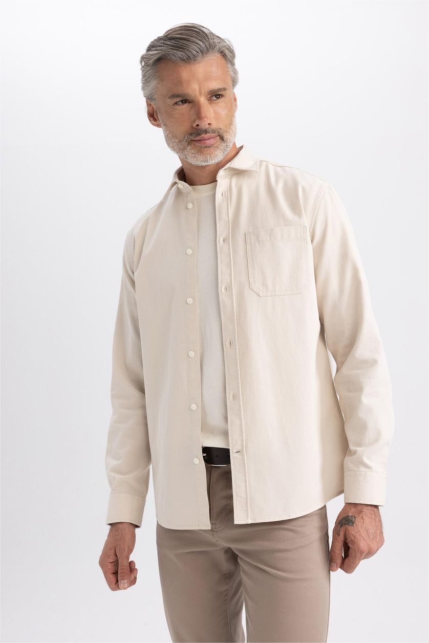 HOMME Beige Chemise Coupe Régulière Col Polo à  Manches Longues