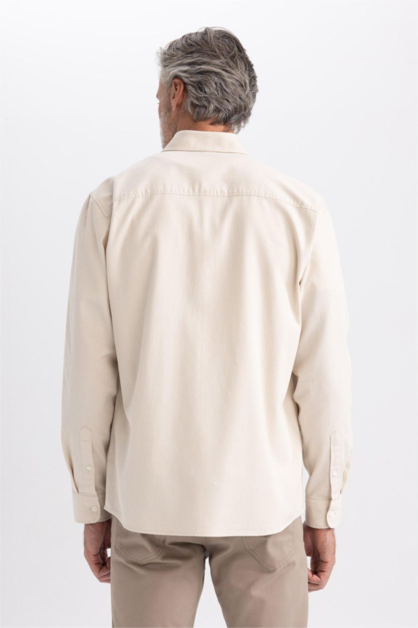 HOMME Beige Chemise Coupe Régulière Col Polo à  Manches Longues