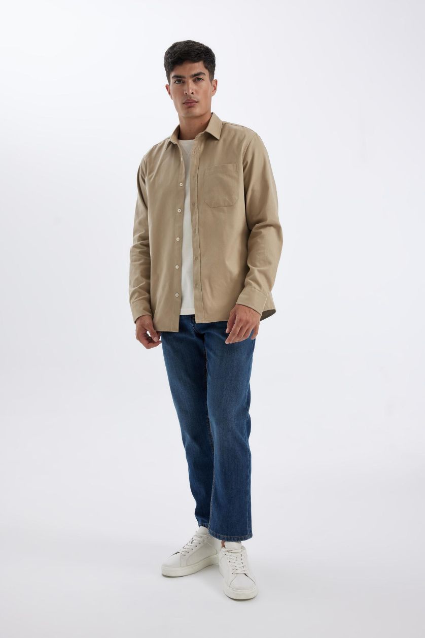 رجالي بيج قميص قطن بولو كم طويل جبردين قصة عادية