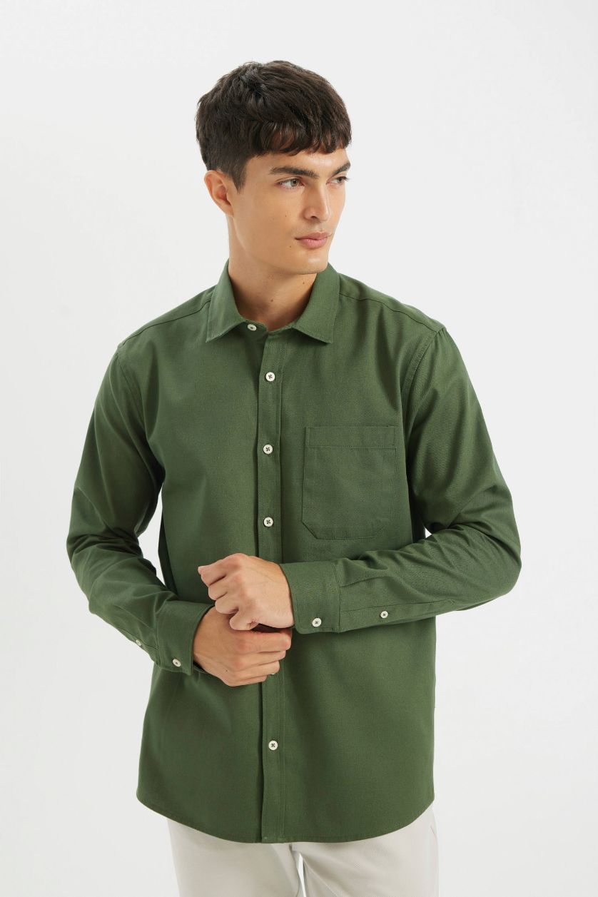 Erkek Yeşil %100 Pamuk Regular Fit Düğmeli Basic Düz Gabardin Uzun Kollu Gömlek