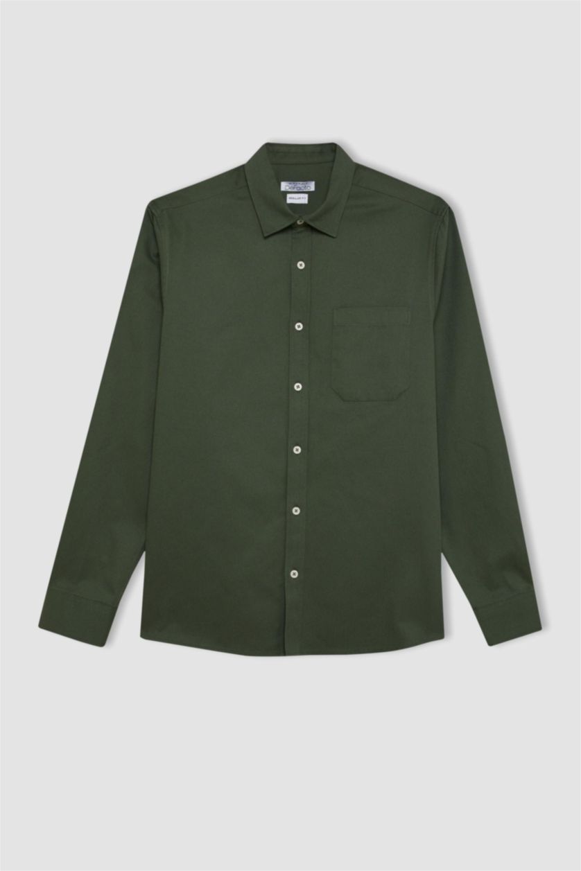 Erkek Yeşil %100 Pamuk Regular Fit Düğmeli Basic Düz Gabardin Uzun Kollu Gömlek