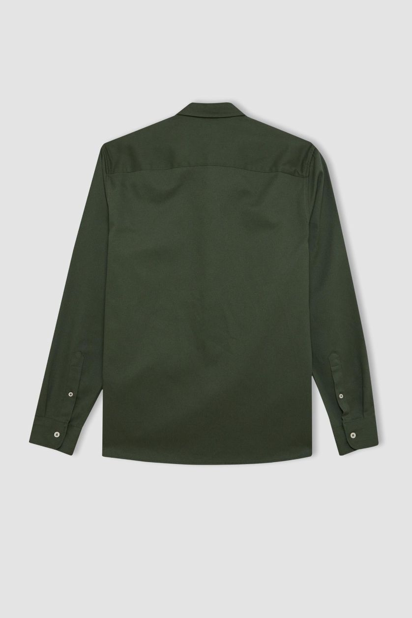 Erkek Yeşil %100 Pamuk Regular Fit Düğmeli Basic Düz Gabardin Uzun Kollu Gömlek