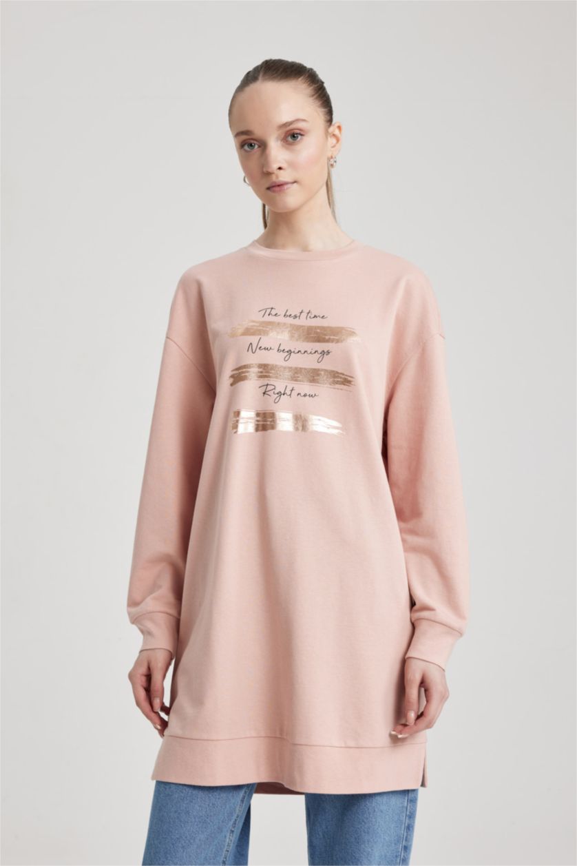 نساء وردي Regular Fit Thin Sweatshirt Fabric Sweat Tunic