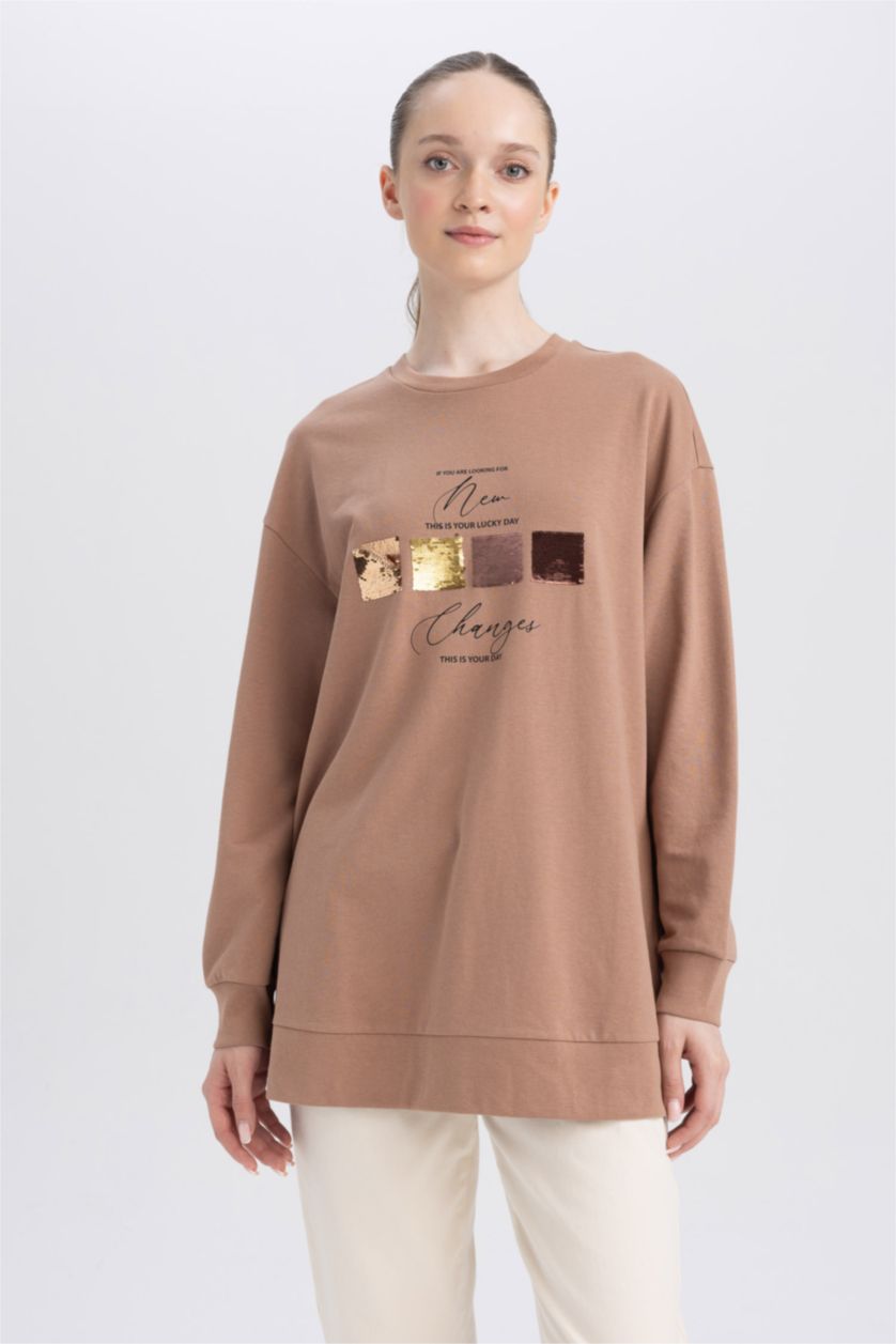 WOMAN Light Brown Regular Fit Thin Sweatshirt Fabric Crew Neck Embroidered Sweat Tunic