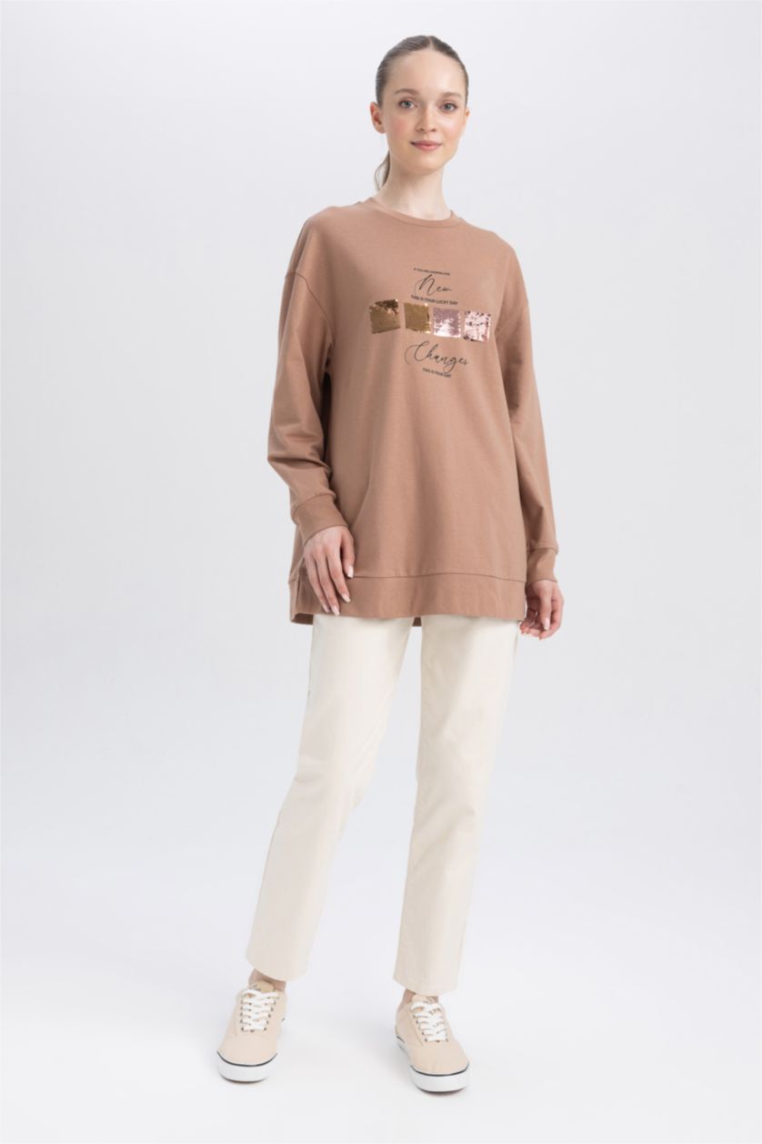 WOMAN Light Brown Regular Fit Thin Sweatshirt Fabric Crew Neck Embroidered Sweat Tunic