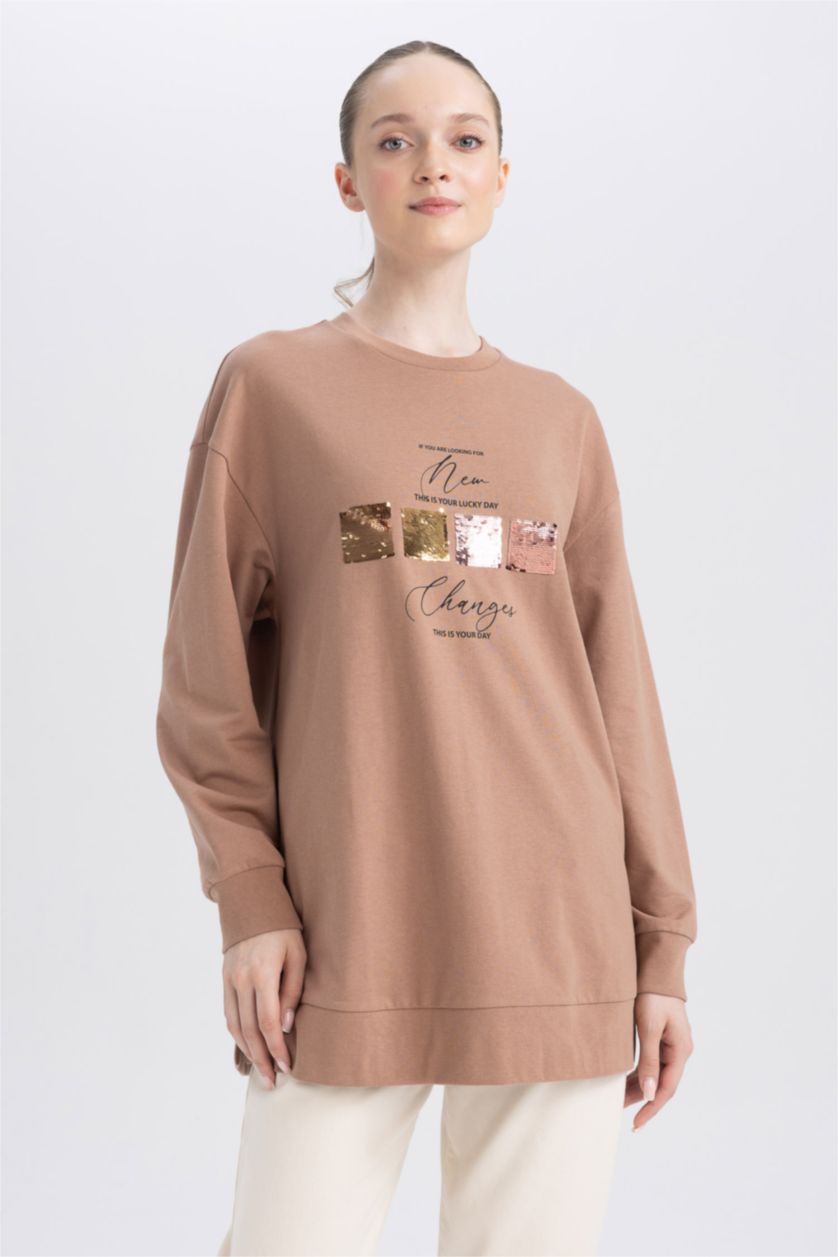 WOMAN Light Brown Regular Fit Thin Sweatshirt Fabric Crew Neck Embroidered Sweat Tunic