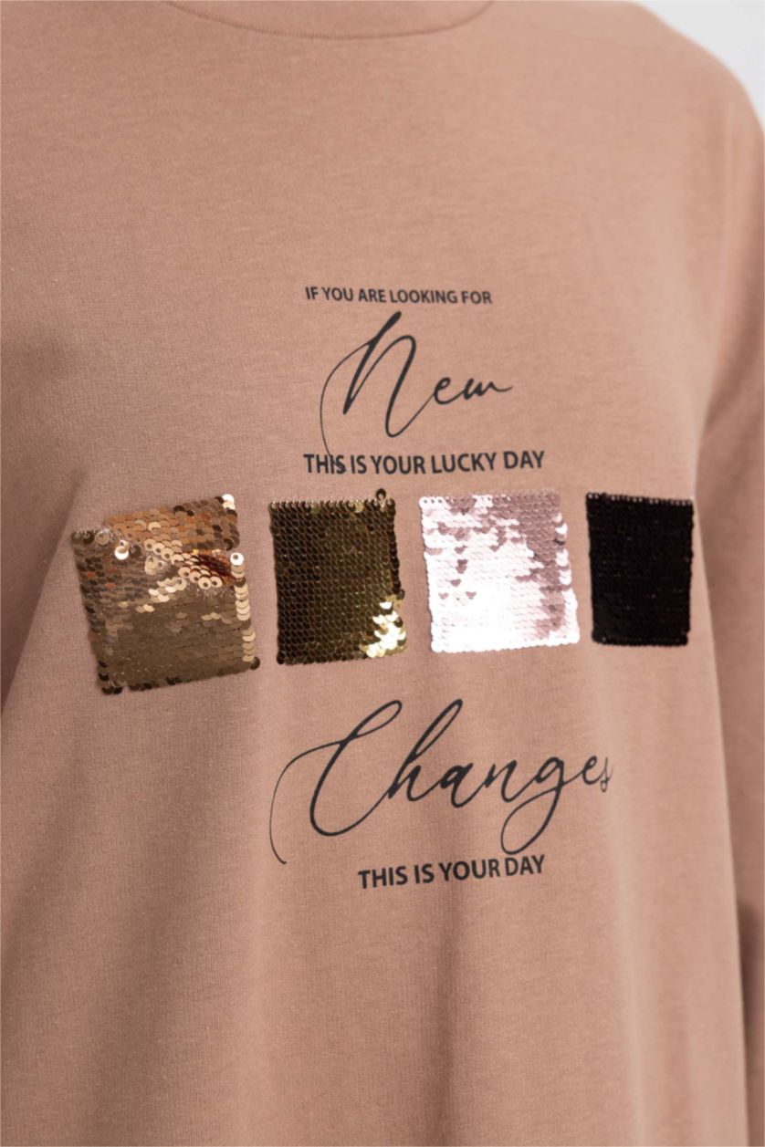 WOMAN Light Brown Regular Fit Thin Sweatshirt Fabric Crew Neck Embroidered Sweat Tunic