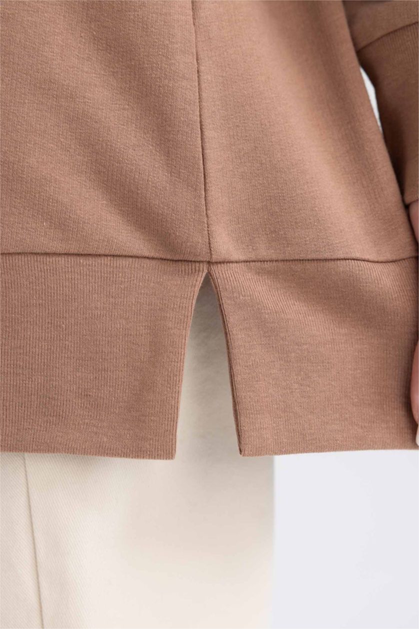 WOMAN Light Brown Regular Fit Thin Sweatshirt Fabric Crew Neck Embroidered Sweat Tunic