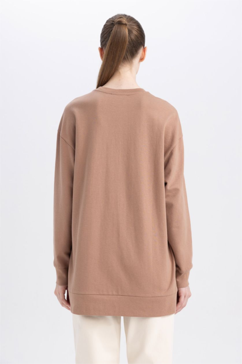 WOMAN Light Brown Regular Fit Thin Sweatshirt Fabric Crew Neck Embroidered Sweat Tunic