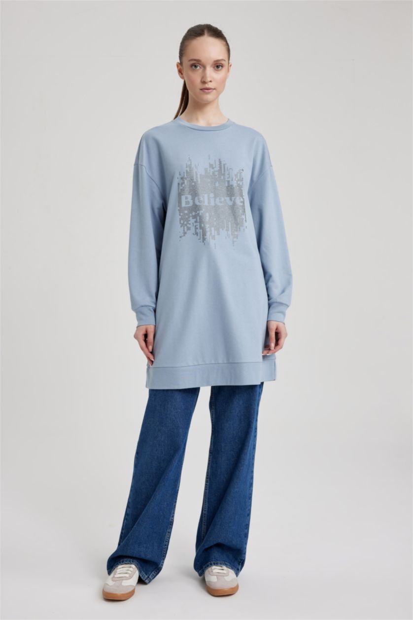 WOMAN Light Blue Regular Fit Crew Neck Embroidered Sweatshirt Tunic