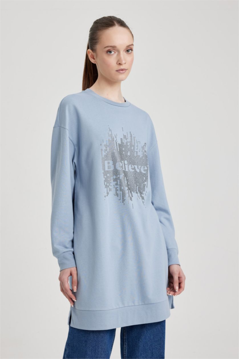 WOMAN Light Blue Regular Fit Crew Neck Embroidered Sweatshirt Tunic