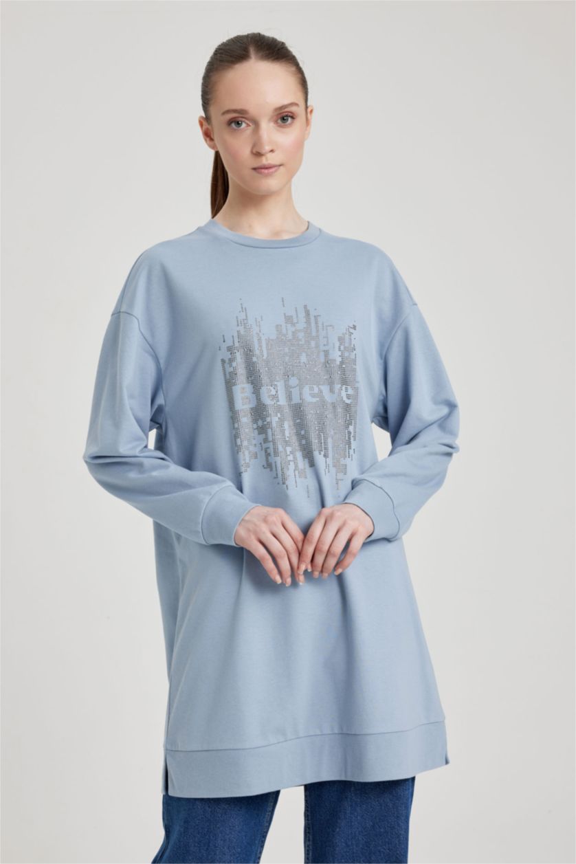 WOMAN Light Blue Regular Fit Crew Neck Embroidered Sweatshirt Tunic
