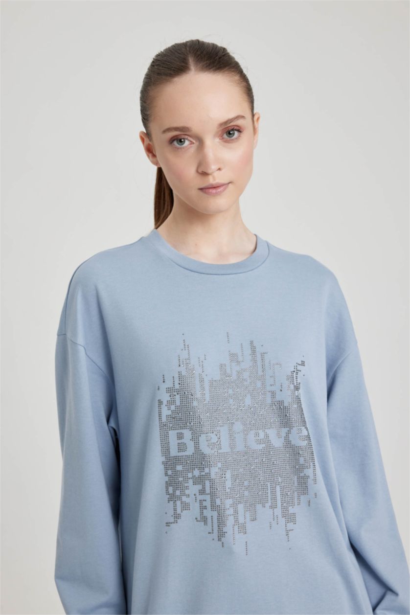 WOMAN Light Blue Regular Fit Crew Neck Embroidered Sweatshirt Tunic