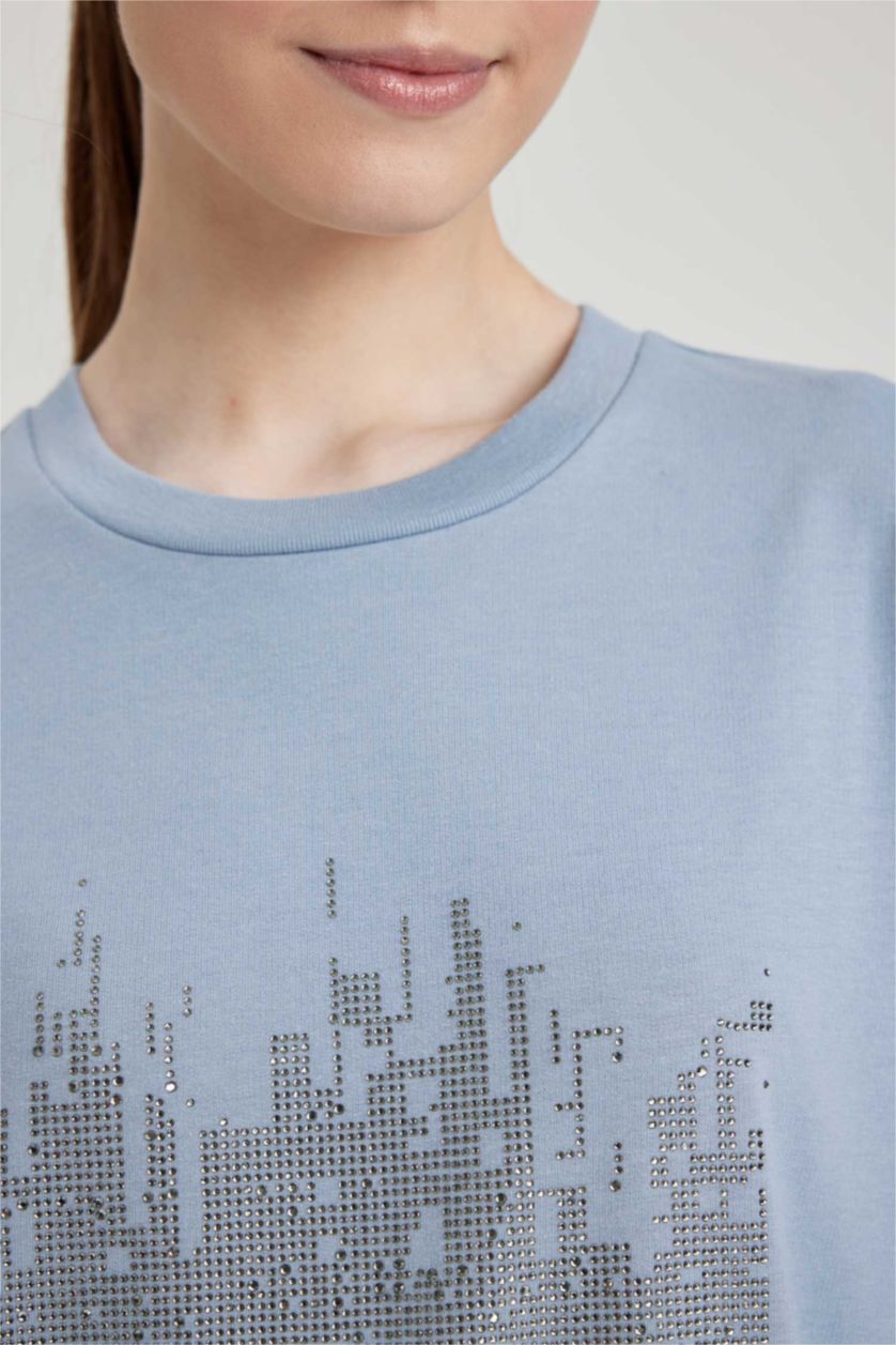 WOMAN Light Blue Regular Fit Crew Neck Embroidered Sweatshirt Tunic