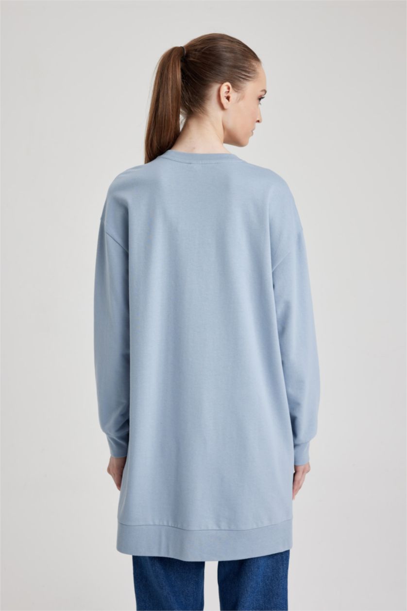 WOMAN Light Blue Regular Fit Crew Neck Embroidered Sweatshirt Tunic