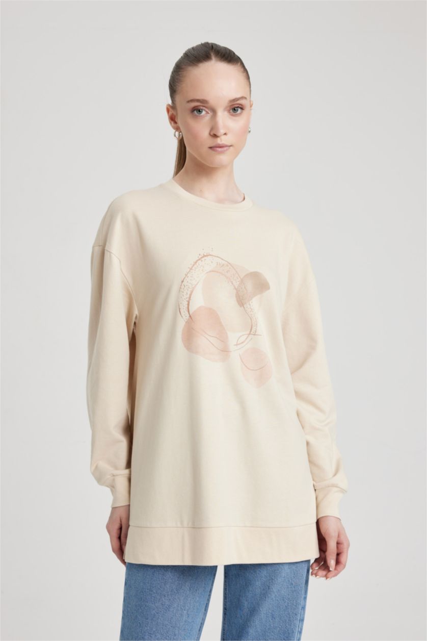 WOMAN Beige Regular Fit Crew Neck Embroidered Sweatshirt Tunic