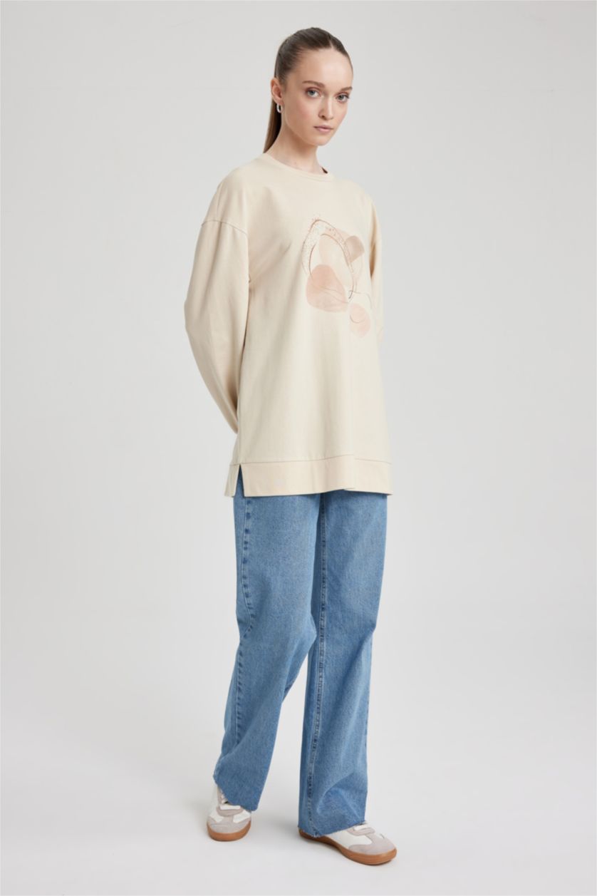 WOMAN Beige Regular Fit Crew Neck Embroidered Sweatshirt Tunic