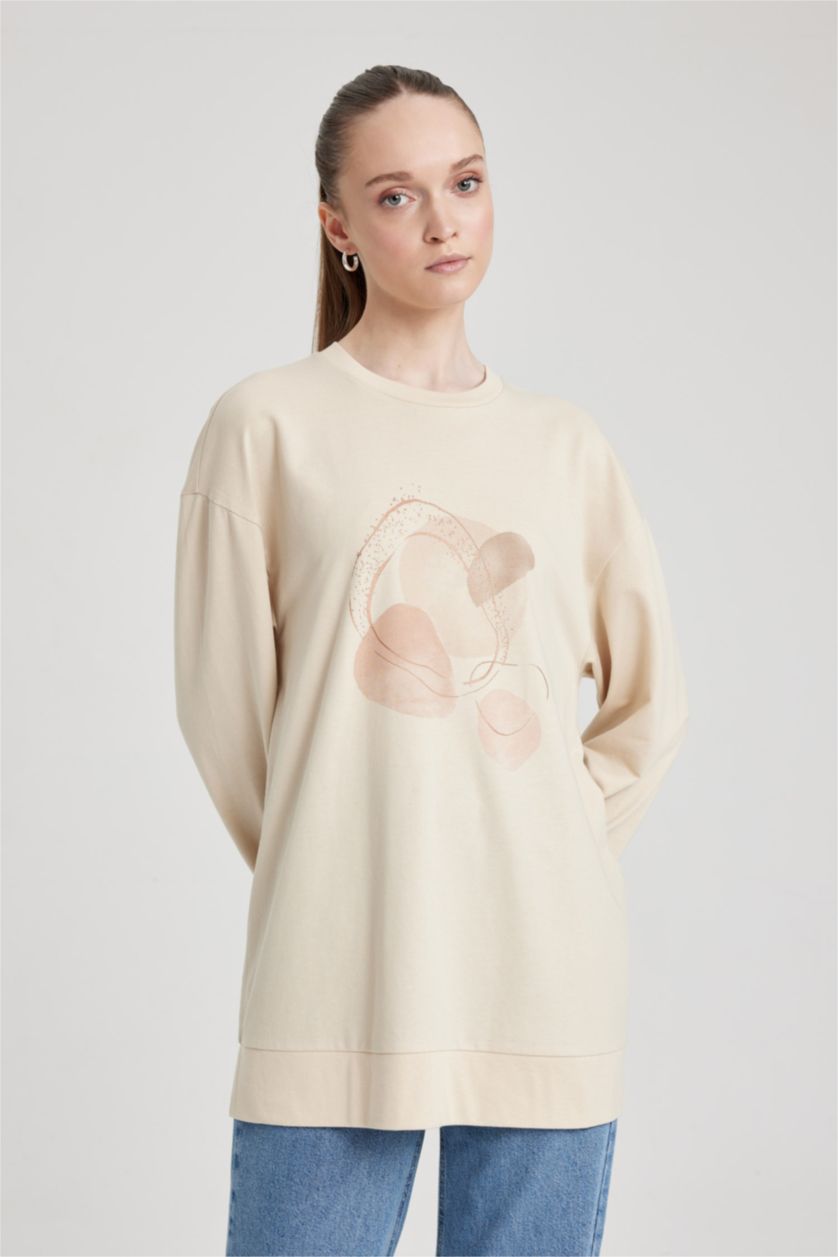 WOMAN Beige Regular Fit Crew Neck Embroidered Sweatshirt Tunic