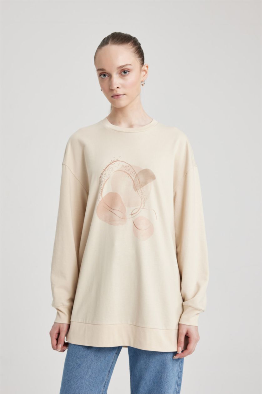 WOMAN Beige Regular Fit Crew Neck Embroidered Sweatshirt Tunic