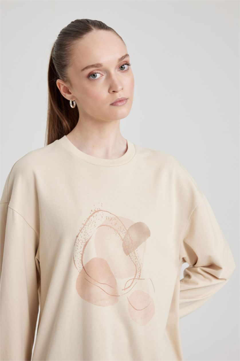 WOMAN Beige Regular Fit Crew Neck Embroidered Sweatshirt Tunic