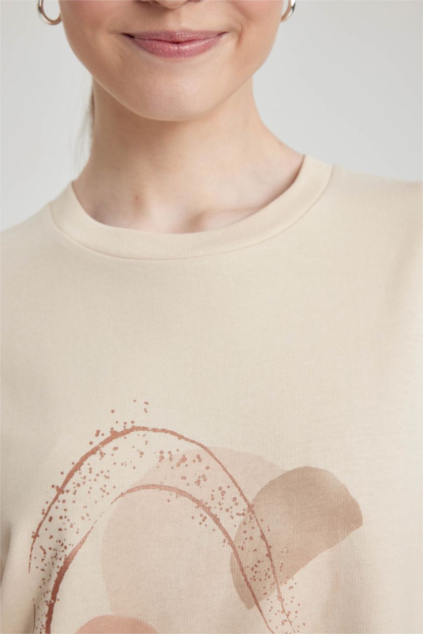 WOMAN Beige Regular Fit Crew Neck Embroidered Sweatshirt Tunic