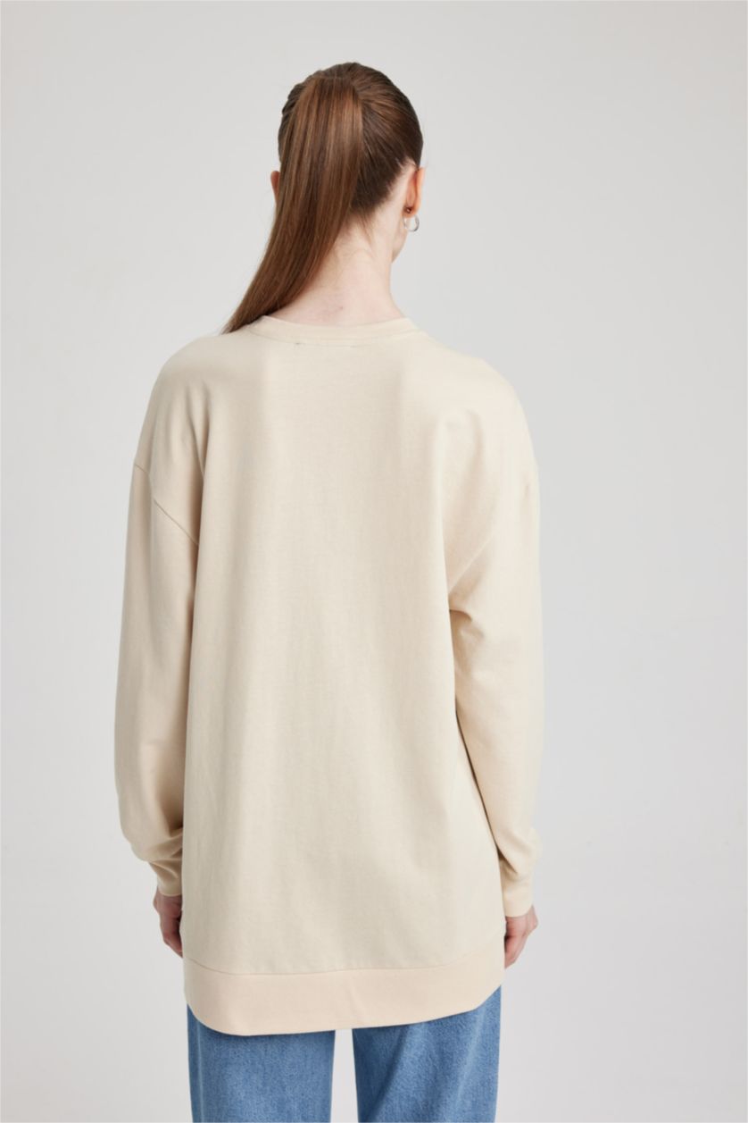 WOMAN Beige Regular Fit Crew Neck Embroidered Sweatshirt Tunic