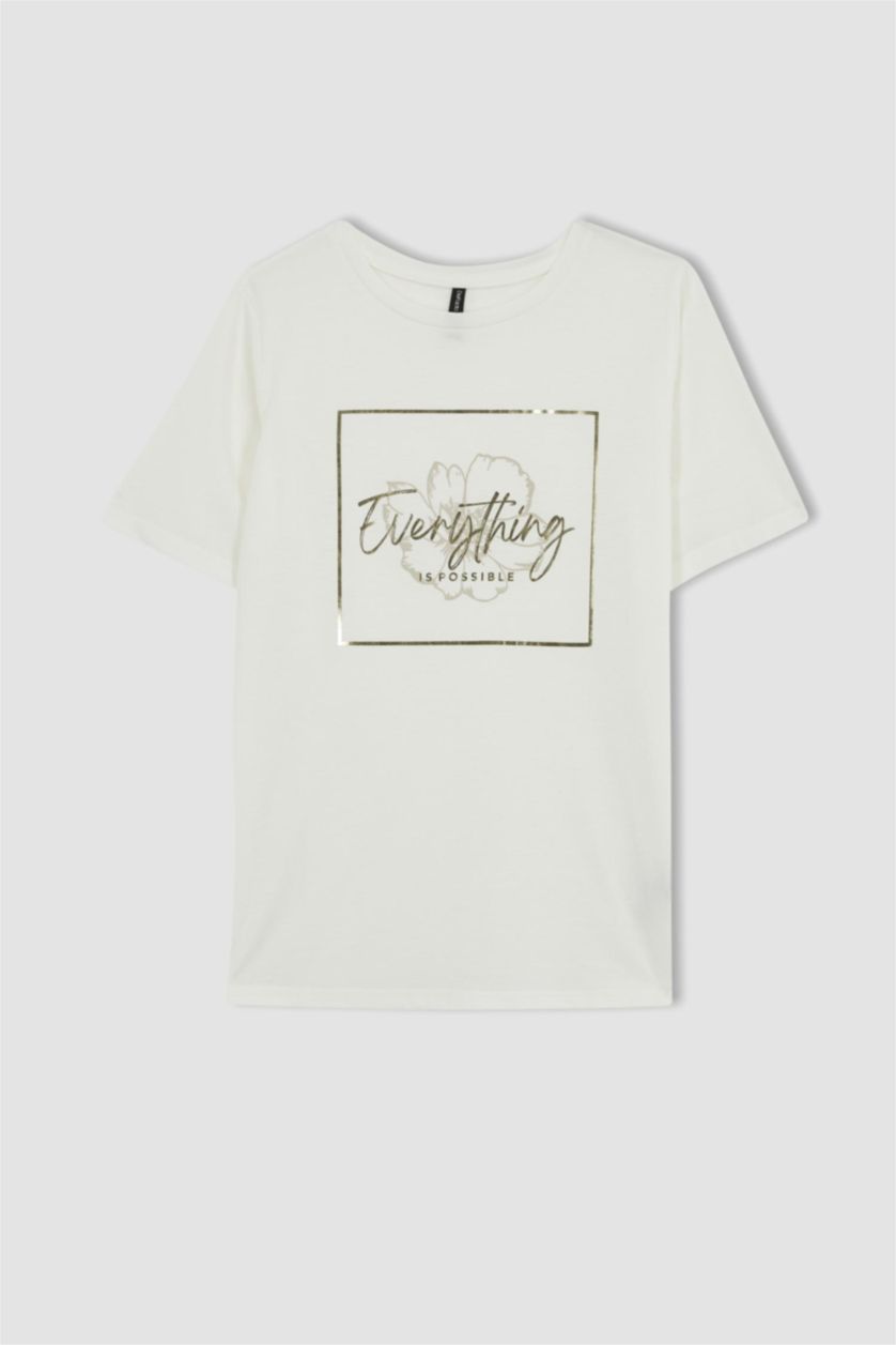 Kadın Ekru Regular Fit Bisiklet Yaka Çiçekli Kısa Kollu Tişört