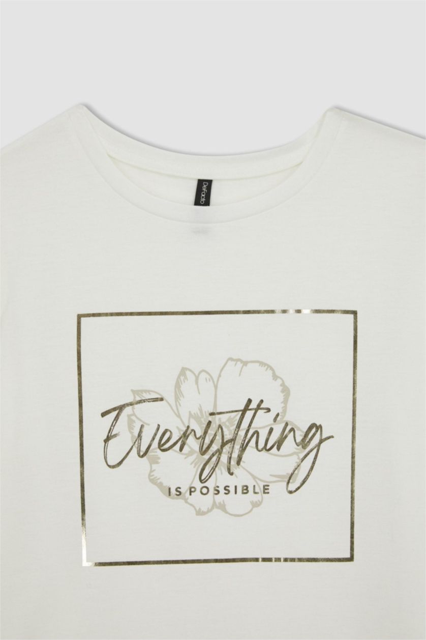 Kadın Ekru Regular Fit Bisiklet Yaka Çiçekli Kısa Kollu Tişört