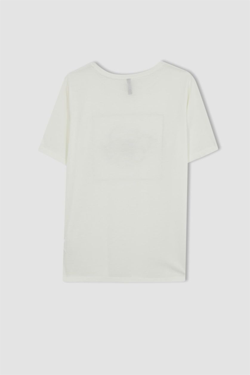 Kadın Ekru Regular Fit Bisiklet Yaka Çiçekli Kısa Kollu Tişört